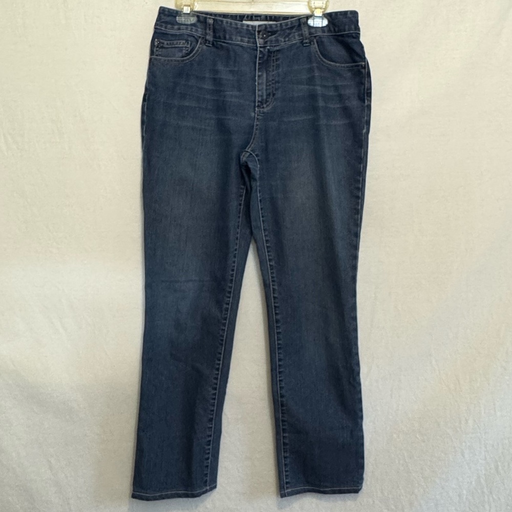 B-212 Chico’s Platinum Denim Straight Leg Cropped Denim Blue Jeans Size 10